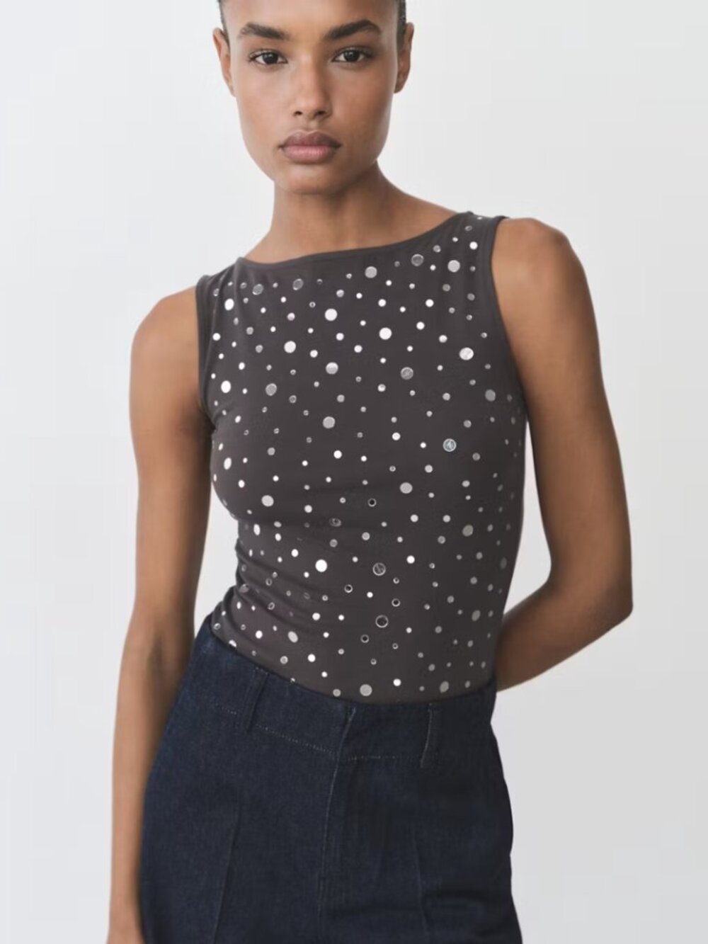 NEW Mango Boat Neck Top With Silver Embellishments/Rhinestones XS